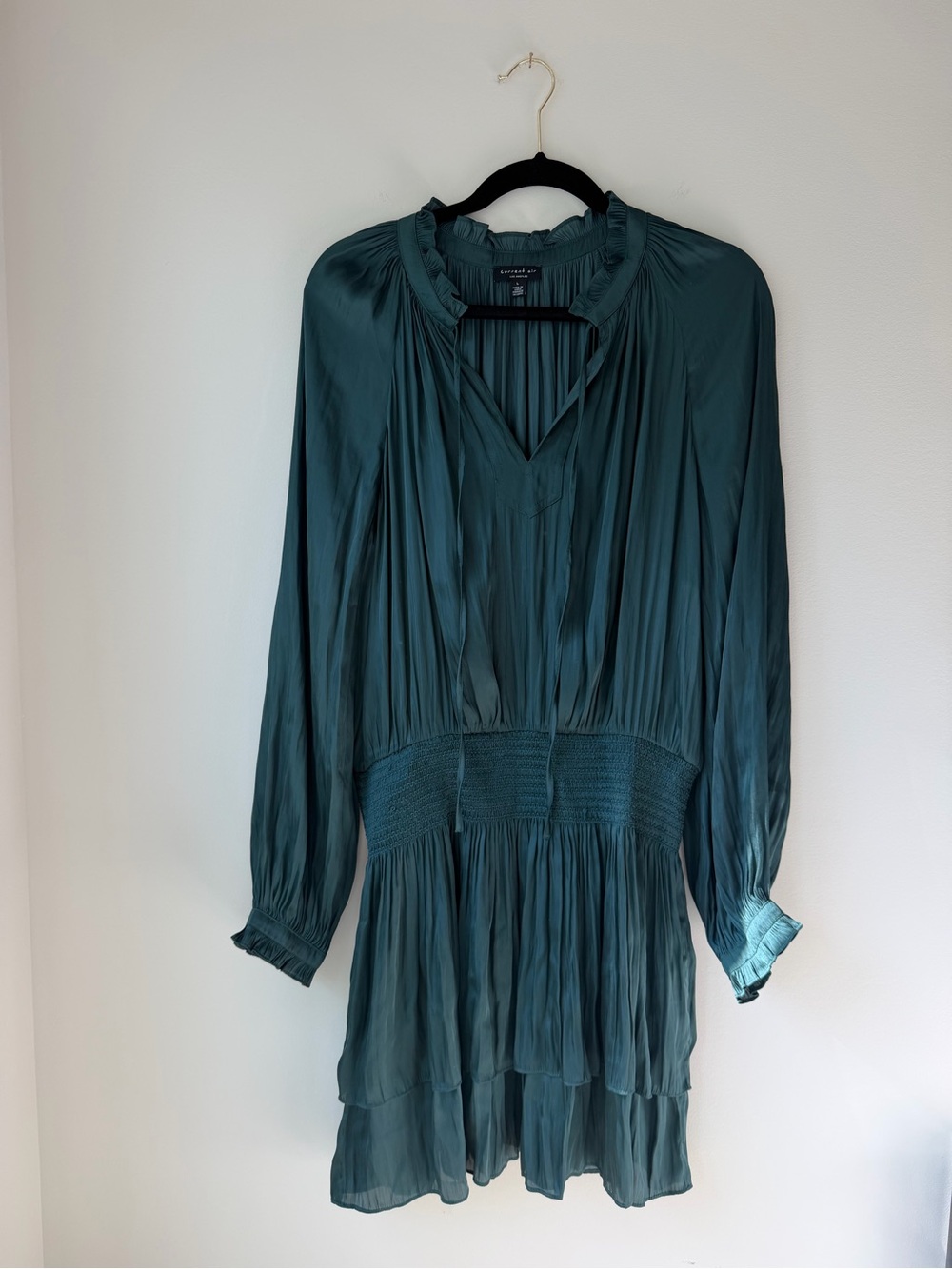 Current Air Teal Emerald Green Pleated Long-Sleeve Tunic Dress